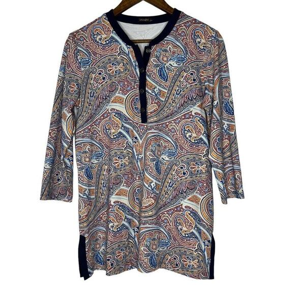 J McLaughlin Blue Paisley Stretch Half Sleeve Blouse Shirt Size Large Women’s - Picture 1 of 11